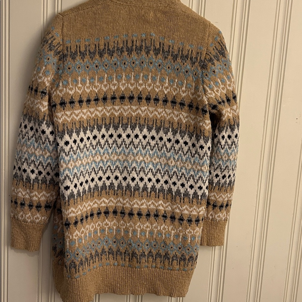 L.L. Bean L Women Cotton Ragg Khaki Open Cardigan SweaterFair Isle Cozy Long EUC - Picture 6 of 11